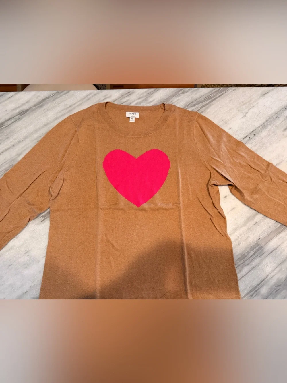 J. Crew Teddie Crewneck Sweater in Camel with Pink Heart